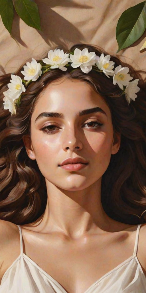 create a watercolor painting of an ethereal portrait of beautiful Sephardic woman with a simple white flower crown on her head. Her hair is long and she is lying on the ground. The sunlight on the trees casts shadows from the leaves on her face and body. The background is a neutral brown color that matches her skin tone. The image is minimalist and solid colors. This style is characterized by soft, delicate brushstrokes and a light, airy, contrasting color palette. High level of detail and play of light