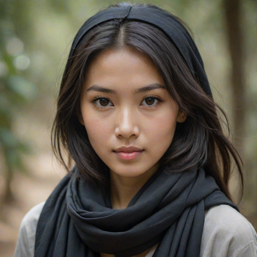 Create a portrait of a young Vietnamese woman with long, dark hair and captivating hazel eyes. She is wearing a black headscarf and a matching scarf draped gracefully around her neck. The background is softly blurred, focusing attention on her serene and natural expression. The overall color palette is muted and warm, enhancing the intimate and authentic feel of the portrait.