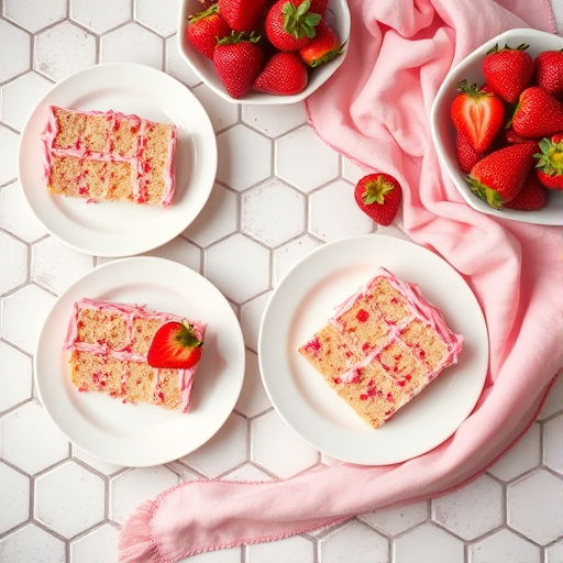 A beautifully arranged dessert table featuring slices of strawberry cake with pink frosting on white plates, accompanied by fresh strawberries in a bowl, set on a hexagonal tile surface with a soft pink fabric draped elegantly.