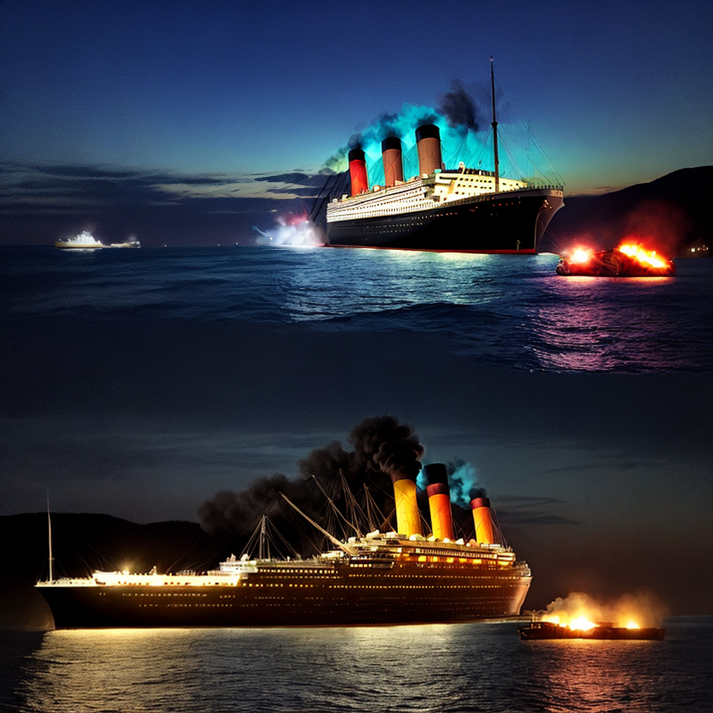 the titanic rearing up in the water just before it sinks. Night time ...