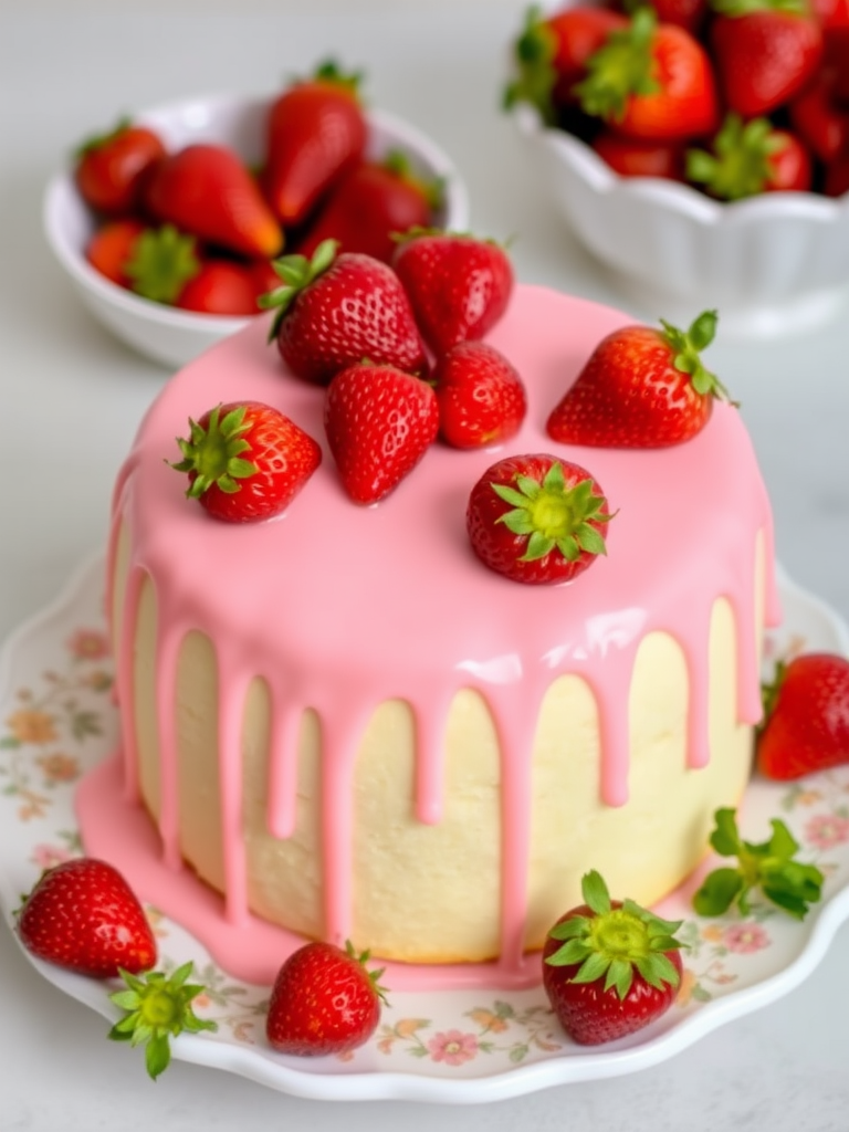 A delicious round cake with pink icing dripping down the sides topped with fresh strawberries on a decorative white plate accompanied by a bowl of strawberries in the background.