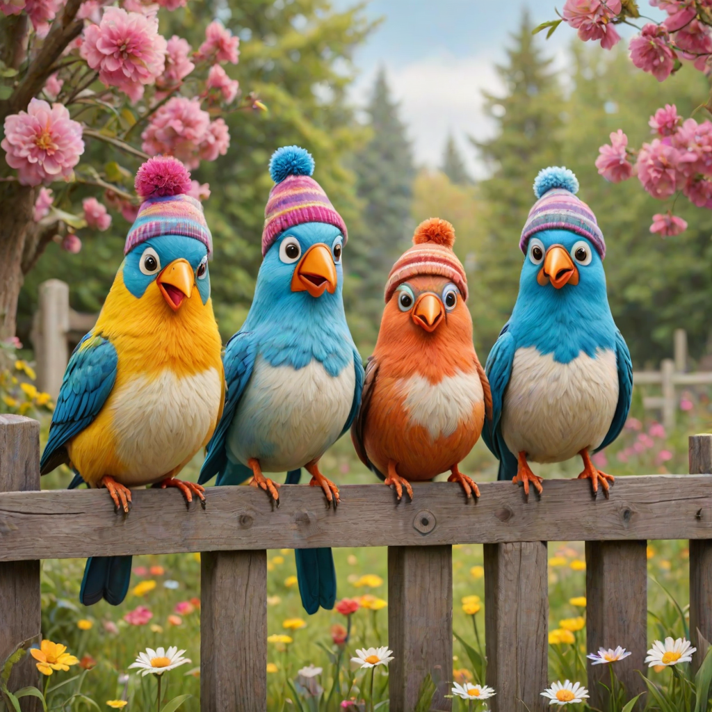 create a scene of 4 quirky  whimsical colourful comical birds each with a funny expression. they are sat on a wooden fence with colourful flowers. they are all different sizes. each one is a different colour  one is wearing a woolly hat. Each one has a different quirky google expression and there is a muted background of trees watercolour paintierly style high definition 8k resolution 3D paper mache
