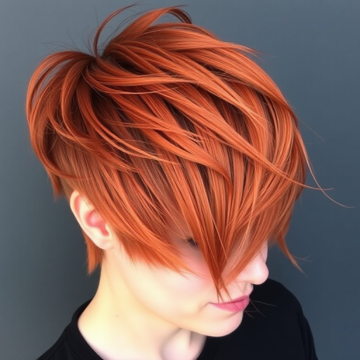 Fiery copper pixie-mullet hybrid, styled by "Rebel Roots" hair artisans, combining a short, choppy fringe with longer layers at the nape, featuring bold tangerine highlights and subtle lowlights in deep mahogany, creating a dynamic, edgy look that exudes confidence and creativity.