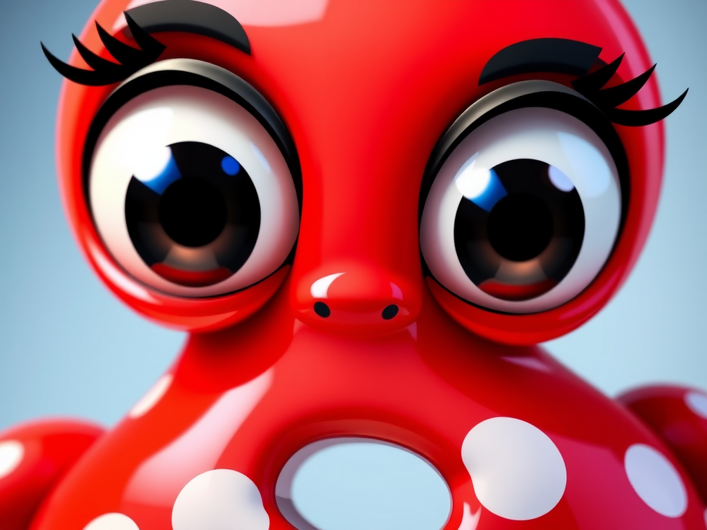 Create a cartoonish illustration of the number three with large eyes and a vibrant red color, featuring a glossy finish and polka dots, captured in a close-up view with a 50mm lens at f/2.8 to enhance depth of field, using a digital camera for high resolution and vivid colors.