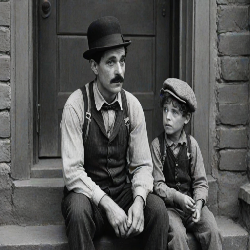 A black-and-white photograph of a man and a child sitting on steps in front of a doorway. The man is dressed as a tramp with a bowler hat, mustache, and ragged clothes, reminiscent of Charlie Chaplin's iconic look. He is sitting with his arms crossed and an expression of slight sadness or frustration. Next to him is a young boy, also in worn clothes and a cap, sitting with his hands clasped, looking thoughtful. The background is an old, textured wall and a partially open door, creating a vintage, early 20th-century atmosphere.