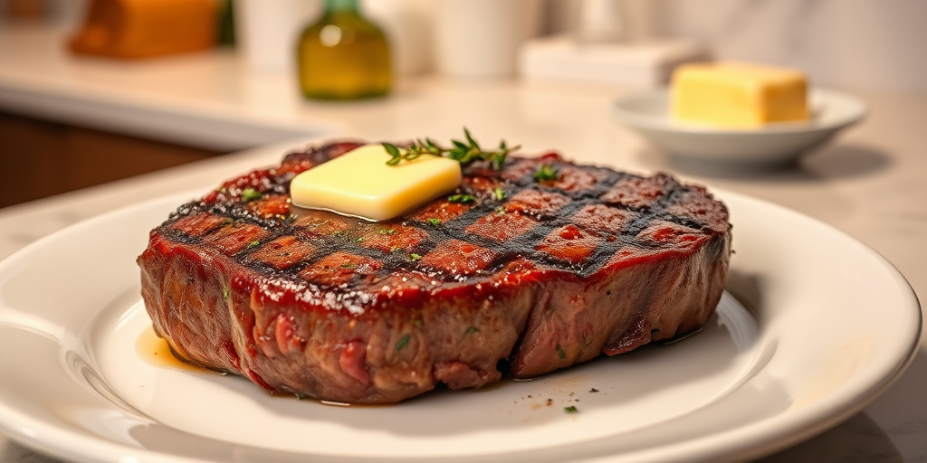Create an image of a perfectly seared ribeye steak, resting on a white plate with a pat of melting butter on top. The steak is seasoned with fresh herbs like thyme and parsley, with glistening juices highlighting the texture of the meat. The background features a soft focus on a light, marble countertop, with a small dish of butter and an olive oil bottle in the distance. The overall mood should be warm and inviting, capturing the deliciousness and juiciness of the steak.