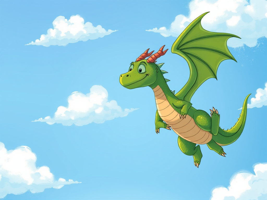 create a whimsical illustration of a green dragon flying through a blue sky with soft white clouds, using a digital drawing style, capture in high resolution with a Canon EOS R5 at f/2.8, ISO 100, 1/250 sec, with a wide-angle lens to emphasize the dragon's features and enhance clarity.