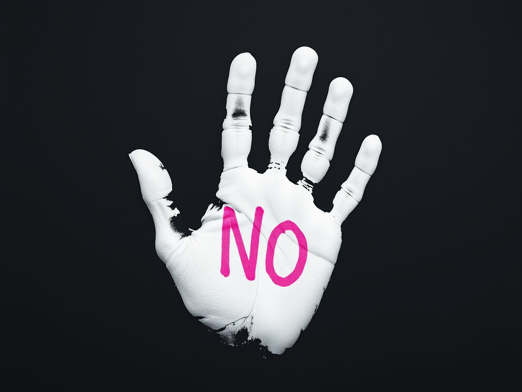 Create an image of a white handprint on a black background with scattered pink text saying "NO," using a Canon EOS R5 camera, 50mm f/1.2 lens, aperture f/2.8, ISO 100, 1/125s shutter speed, focused in a high-contrast style to enhance details and clarity.