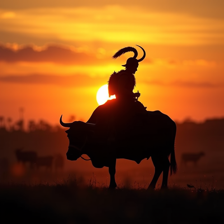 Create an artistic digital painting of a silhouette of a warrior on an ox against a sunset backdrop, capturing a mystical atmosphere with soft, warm colors, using a full-frame camera at f/8 aperture, ISO 100, and a 24mm lens to enhance depth of field and detail.