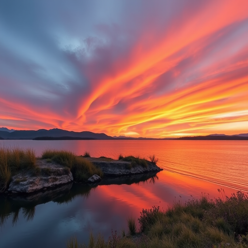 Generate a high-resolution image of a serene landscape featuring a vibrant sunset over a calm lake, captured with a Canon EOS 5D Mark IV, using a 24mm lens at f/8, ISO 100, and a shutter speed of 1/60 seconds, with a wide-angle perspective for depth and clarity.