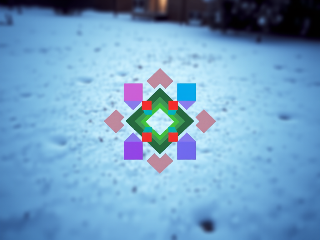 Create an abstract design featuring a colorful triangular pattern made up of squares on a snowy background, high resolution, 50mm lens, f/4 aperture, 1/125s shutter speed, soft focus style, DSLR camera.