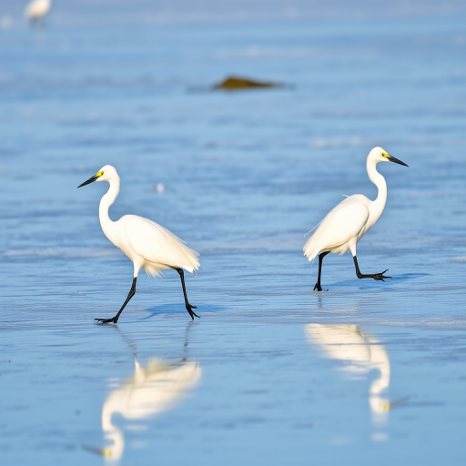 Capture a scene of three white egrets walking on a frozen lake, emphasizing their elegance and reflections on the ice, use a DSLR camera with a 200mm lens, aperture f/4, shutter speed 1/500 sec, ISO 200, shot in natural light from a low angle to highlight the birds in action.