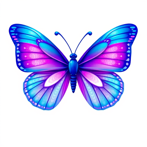 Generate an illustration of a butterfly with vibrant colors. The wings should have a gradient of blue and purple with hints of pink and white. The design should be intricate, showcasing delicate patterns and textures on the wings. The butterfly should appear elegant and ethereal, set against a simple background to emphasize its beauty.