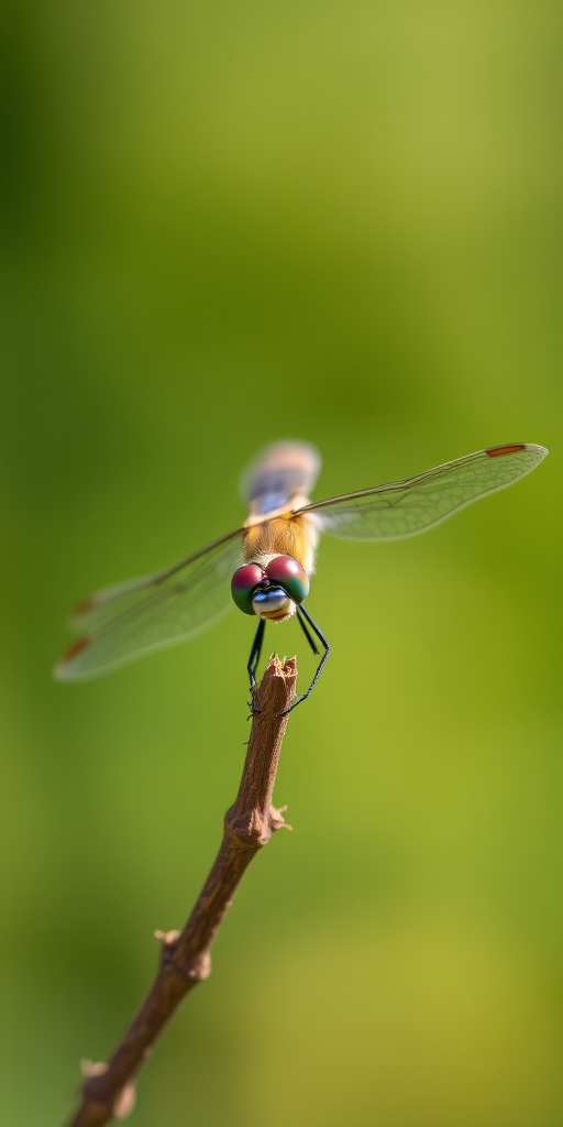 A close-up of a dragonfly perched on a twig, with a blurred green background, using a macro lens, f/2.8 aperture, 1/200 sec shutter speed, ISO 100, in natural light, shot with a DSLR camera.