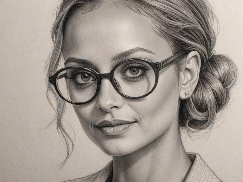 Stunning Nicole Richie, pencil sketch, portrait of Exquisite woman 1945s in glasses, hair style beatnik, outline, clear lines, fine lines, 8k