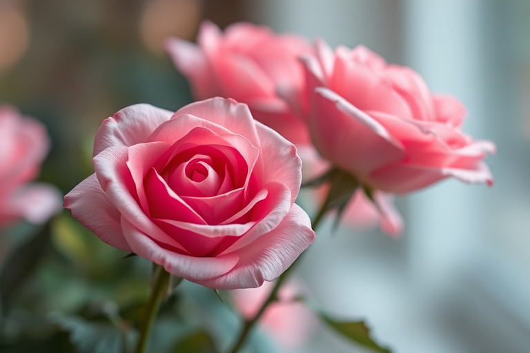 Regenerate a close-up of pink roses in soft-focus with a bokeh background, using a DSLR camera, aperture f/2.8, ISO 100, shutter speed 1/200 sec, natural daylight, and macro lens for enhanced depth and clarity.