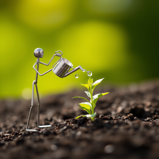 A metal figurine of a person, constructed from thin, silver rods, stands on the left side of the image, facing the viewer. The figurine is holding a small watering can and pouring water onto a young plant, with a few droplets in the air. The plant, with lush green leaves, is situated in the center, growing from dark soil. The background is a soft, out-of-focus blur of green, illuminated by warm, natural light.  The composition creates a sense of depth and intimacy. The image evokes feelings of growth, nurture, and hope.