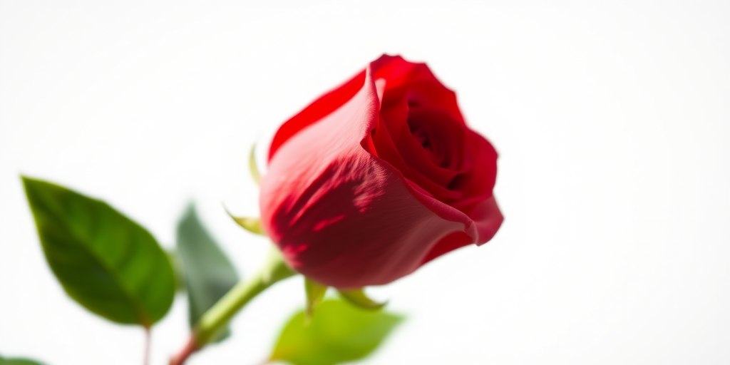 a close-up of a red rose on a white background with a shallow depth of field, natural lighting, aperture f/2.8, ISO 100, 50mm lens, DSLR camera