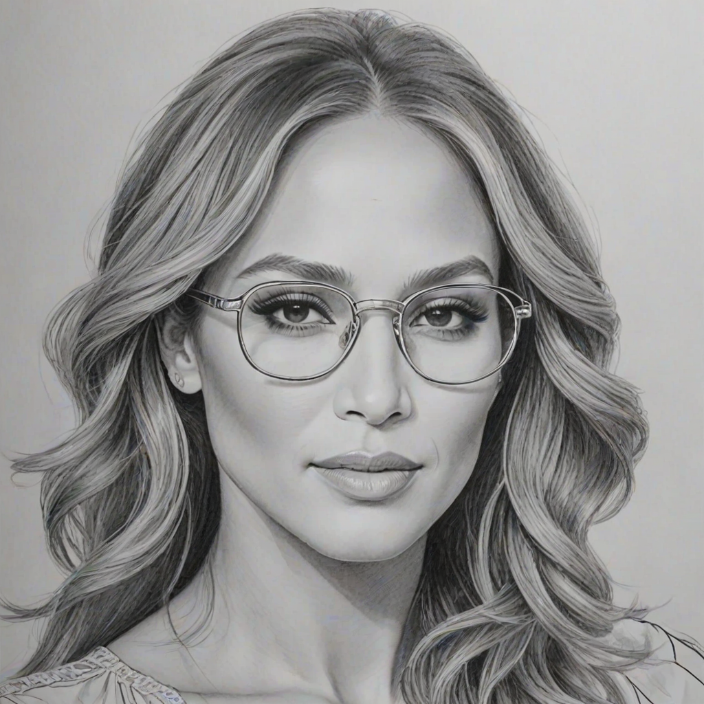 Dazzling Jennifer Lopez, pencil sketch, portrait of Beauteous woman 1943s in glasses, hair style beatnik, outline, clear lines, fine lines, 8k