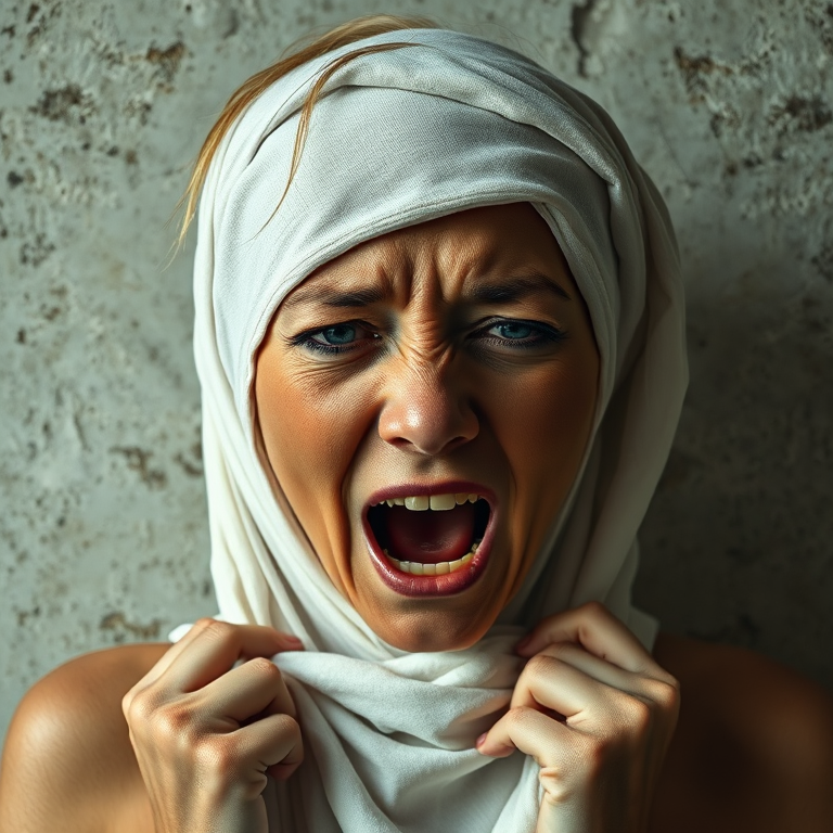 Create a close-up photographic image of a Maori woman with light skin tones shown against an old, worn wall. Their head is wrapped in a white cloth covering (i.e.... parts of the head except the nose and mouth, which are open as if they are screaming...), with a slight texture and visible folds in the fabric. Thin strands of blonde hair escape from the wrapping above, falling lightly at the top and sides. Their hands hold the fabric as if they are tugging nervously. The lighting is dramatic and even, casting strong shadows. The image has a minimalist and surreal style with an emphasis on simplicity with soft color tones. The composition is centered.