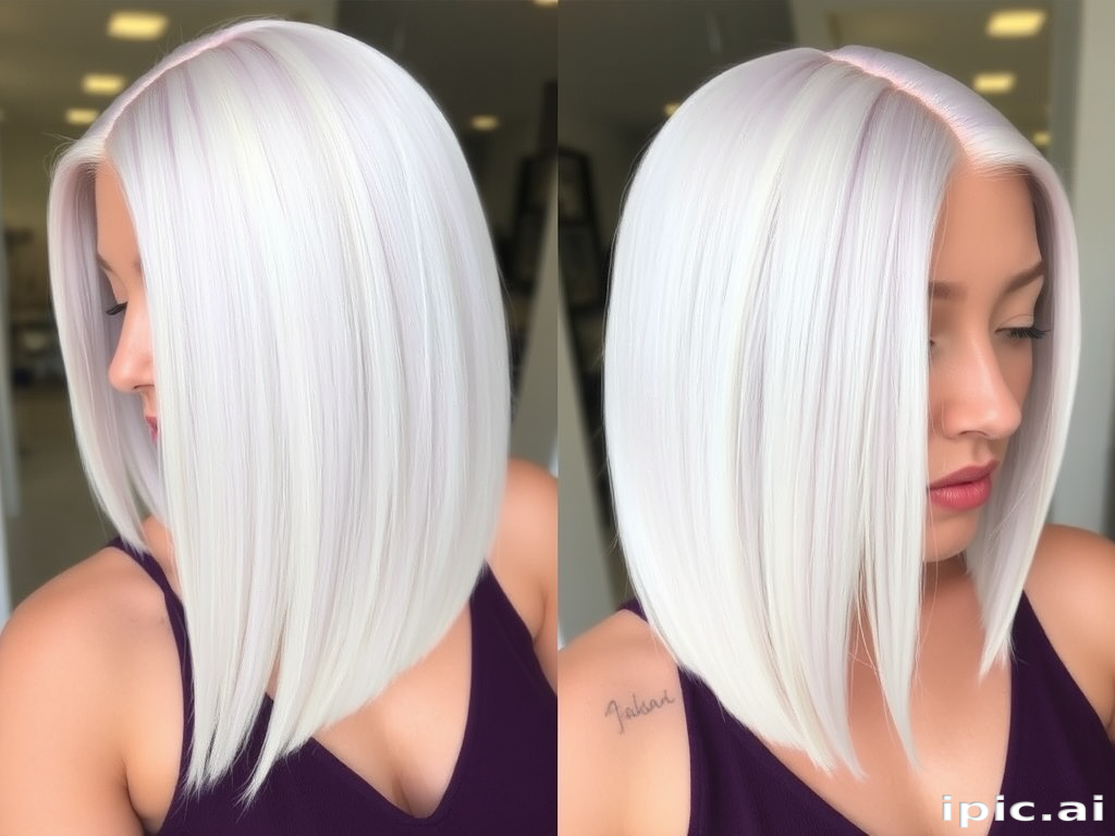 Sleek platinum blonde bob with razor-sharp edges and a deep side part, featuring subtle lavender undertones known as "Ice Queen's Crown" radiating sophistication and confidence