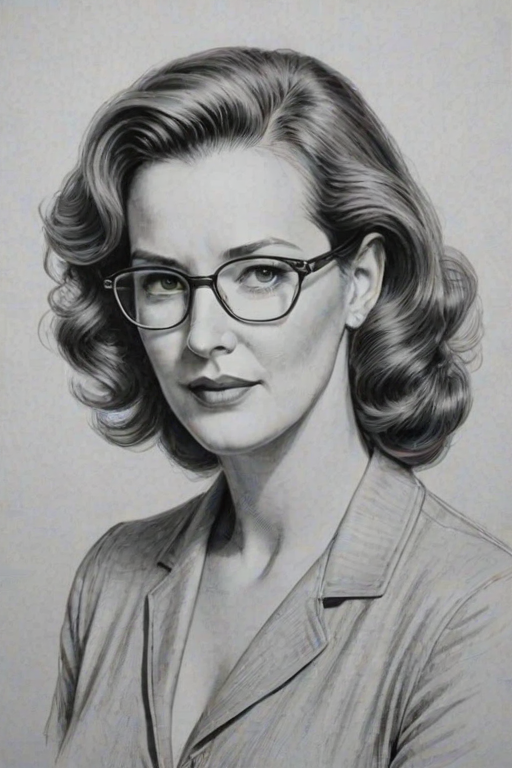 Graceful Elizabeth Perkins, pencil sketch, portrait of Elegant woman 1947s in glasses, hair style beatnik, outline, clear lines, fine lines, 8k