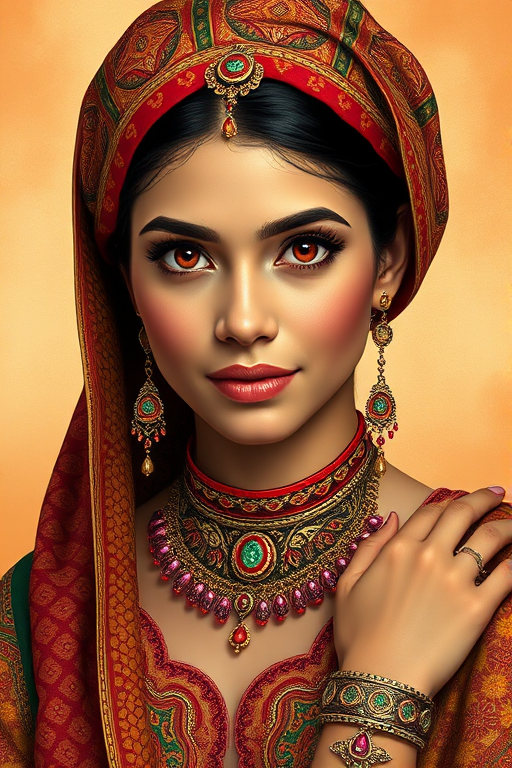 Create a portrait of a beautiful Latino woman with striking red eyes and a gentle expression. She is adorned in traditional attire with intricate patterns, including a richly embroidered headscarf and matching garments. Her jewelry includes a delicate headpiece, dangling earrings, and ornate bracelets, all featuring vibrant gemstones and detailed metalwork. The background is soft and warm, enhancing the rich colors of her outfit and jewelry.