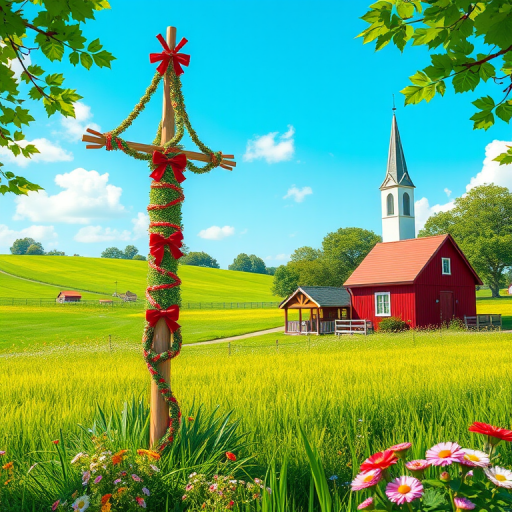 Create a vibrant digital illustration of a decorated maypole surrounded by lush green fields, with a quaint red house and a white church in the background, capturing a bright blue sky and colorful flowers, using a 50mm lens at f/8, ISO 100, and a high-resolution digital camera.
