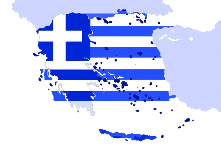 Create a high-resolution graphic of the map of Greece overlaid with the national flag featuring vibrant blue and white colors, using a DSLR camera with a 50mm lens, f/1.8 aperture, ISO 100, and a 45-degree angle view to enhance the visual quality.