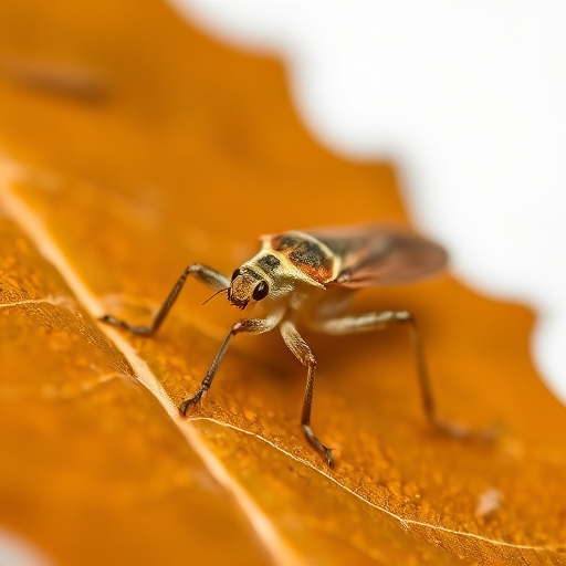 macro photo of a leaf insect on a brown leaf with a white background, captured with a DSLR camera at f/8 aperture, 1/125s shutter speed, ISO 200, in natural light, using a 100mm macro lens, focusing on intricate details and textures.