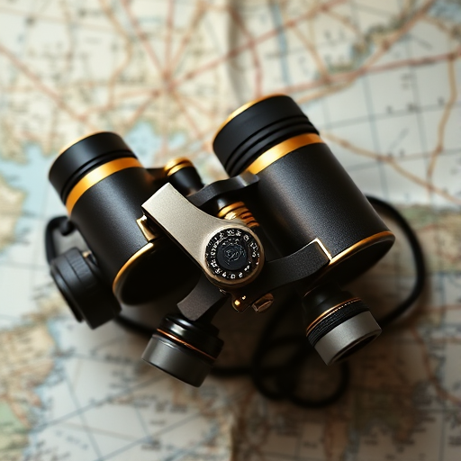 A vintage pair of binoculars resting on a detailed map, shallow depth of field, natural lighting, 50mm lens, f/2.8 aperture, ISO 200, Canon EOS 5D Mark IV, top-down view.