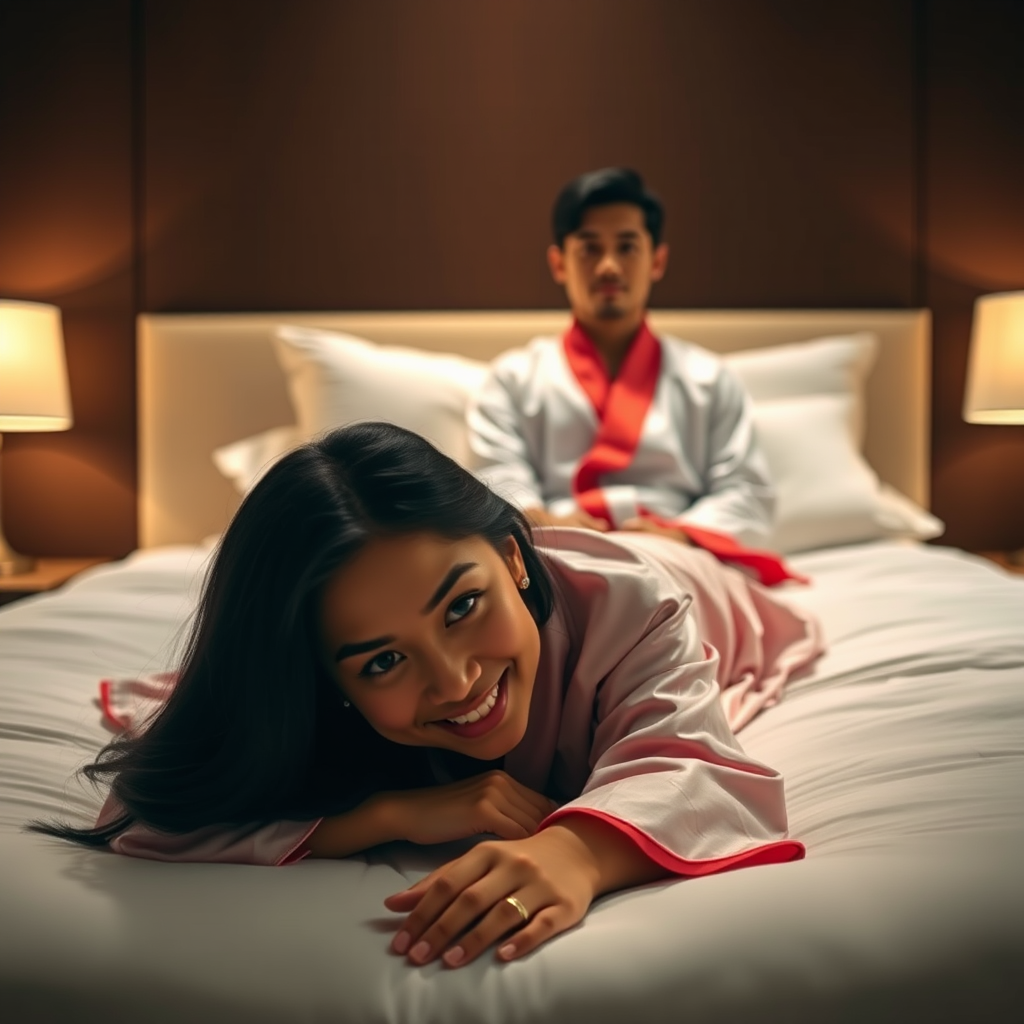 A man and a woman are lying on a bed in a dimly lit bedroom. The woman is in the foreground, lying on her stomach and looking directly at the viewer with a smile. She is wearing a pink silk robe and has long black hair. The man is sitting up in the background, looking directly at the viewer with a neutral expression. He is wearing a white silk robe with a red trim and has short black hair. The bed is white and has a white pillow at the head of the bed. There are two lamps on nightstands on either side of the bed, and the walls are a dark brown. The overall atmosphere is warm and inviting, with a soft focus on the subjects.