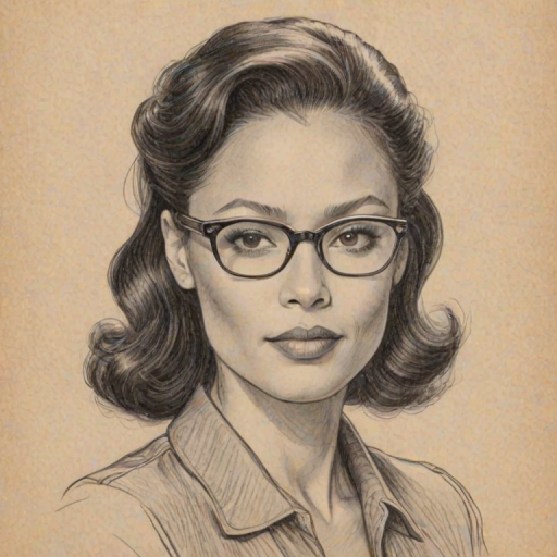 Splendid Thandiwe Newton, pencil sketch, portrait of Ravishing woman 1943s in glasses, hair style beatnik, outline, clear lines, fine lines, 8k