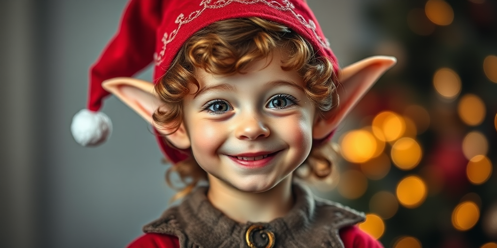 Create a high-resolution image of a cheerful elf with curly hair and pointed ears wearing an elf hat and a festive outfit, captured with a Canon EOS R5 using a 50mm lens at f/1.8, ISO 100, in portrait mode with soft lighting for an enchanting look.