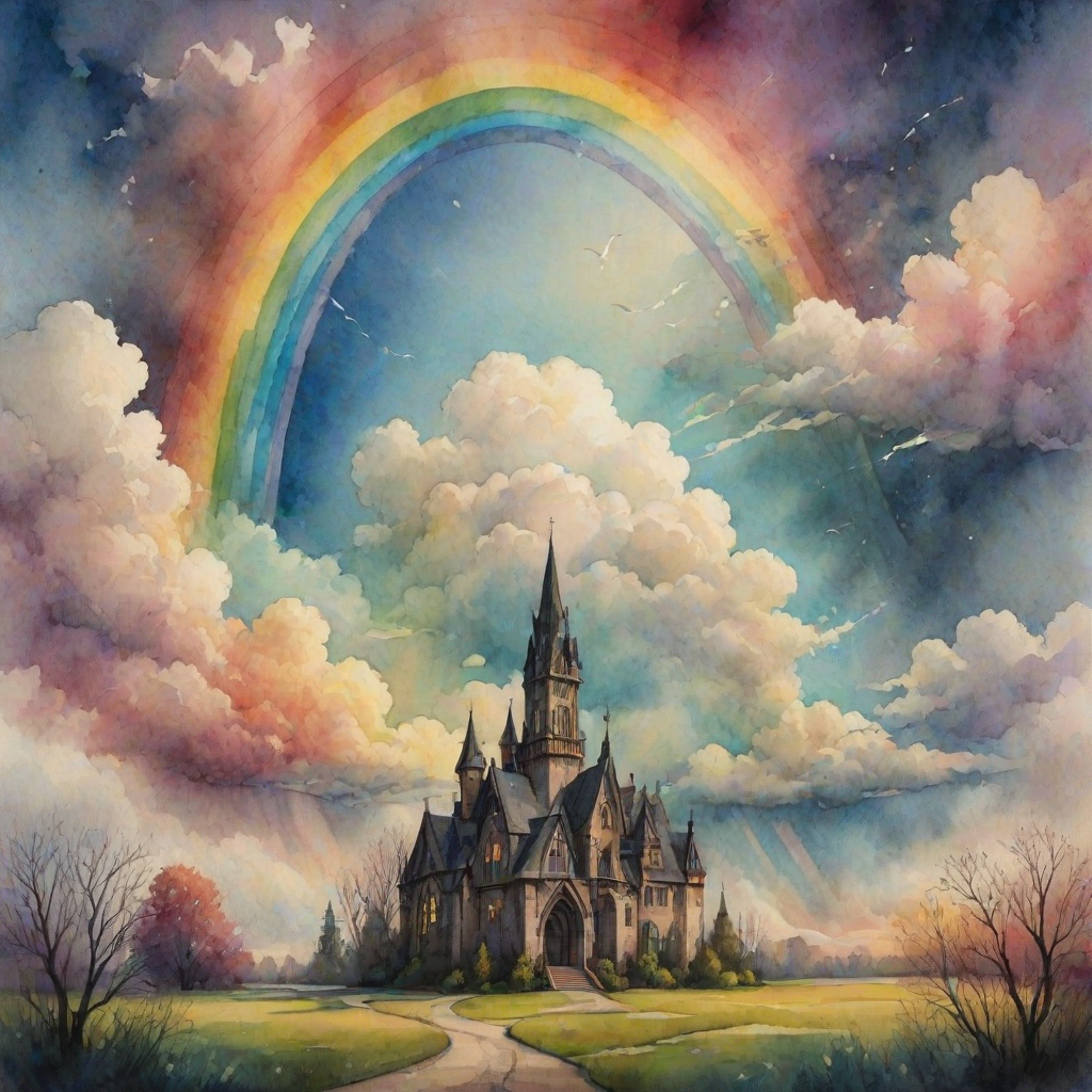 A whimsical and surreal sky with a vibrant rainbow, featuring dramatic lighting effects and a textured watercolor background, with a touch of gothic aesthetic.