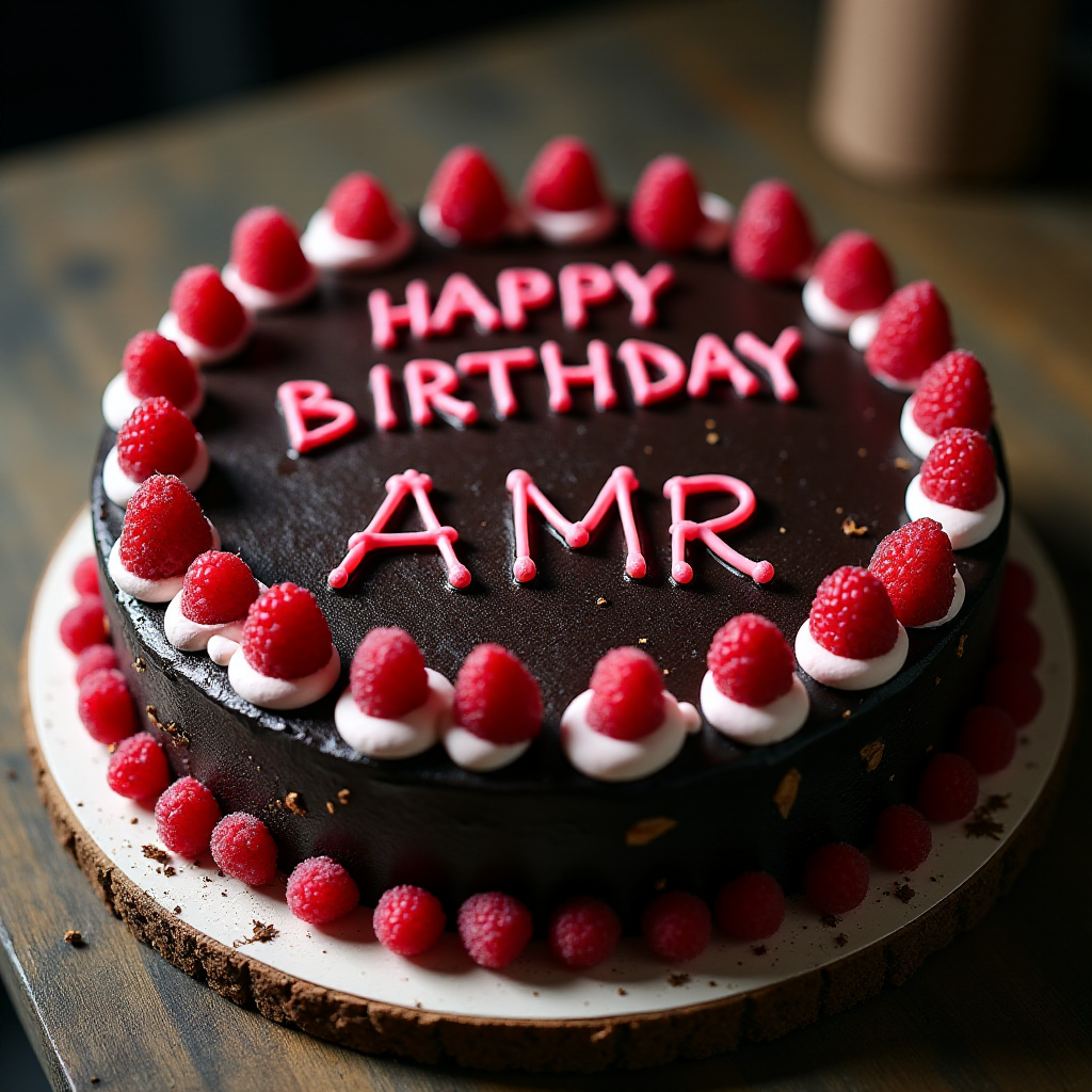black forest gateau cake, spelling out the words "HAPPY BDAY AMR", tasty, food photography, dynamic shot