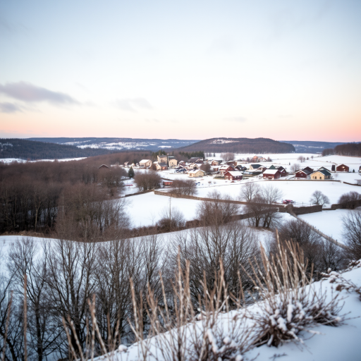 landscape of a snowy village with houses in the distance, shot with a Canon EOS R5 at f/8, ISO 100, 1/250s, in soft focus style with a wide-angle lens, capturing a tranquil and serene winter atmosphere