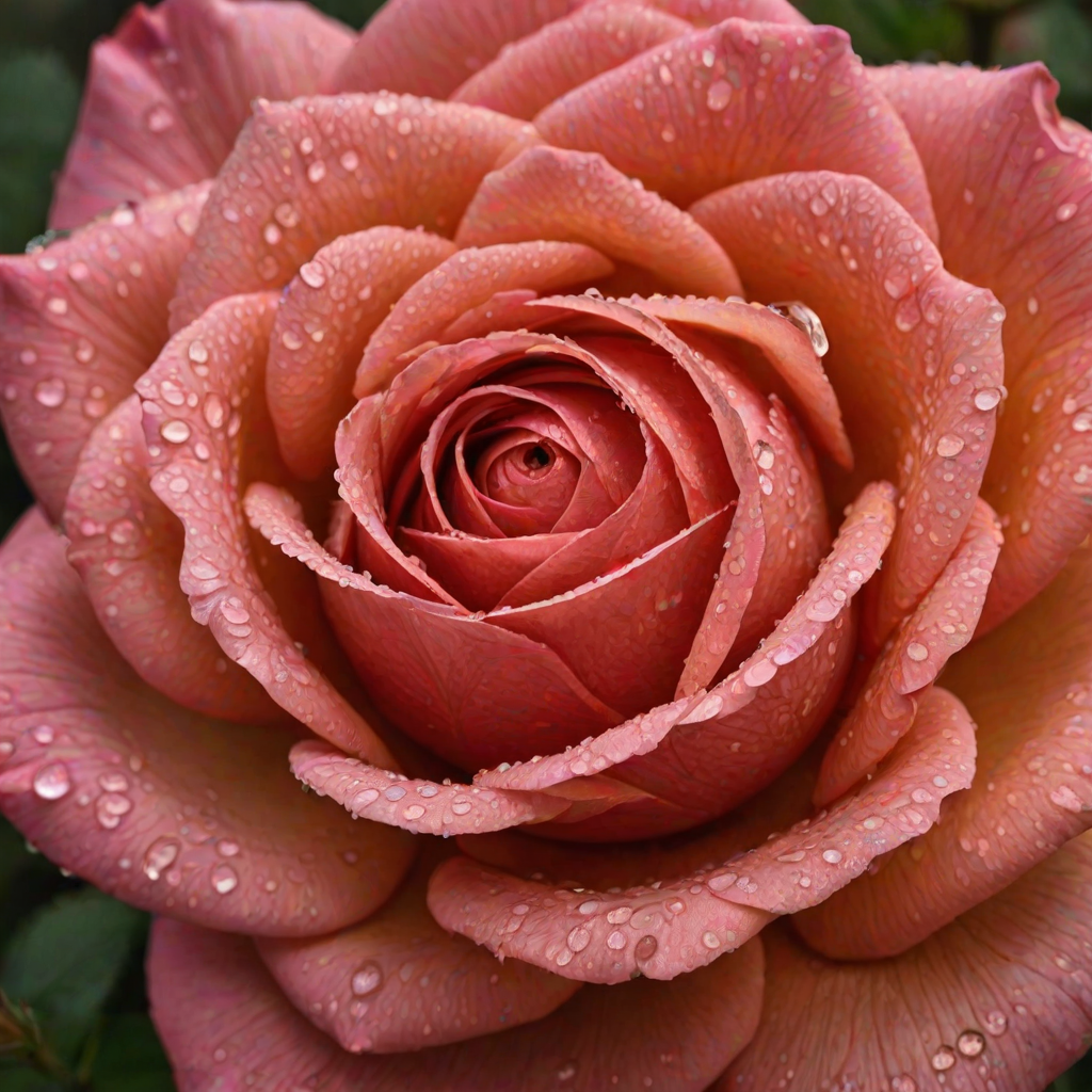 Create an image of a single rose with dew drops on its petals. The rose should be in full bloom and the background should be blurred with a hint of greenery. The rose should be captured from a side angle, showcasing its vibrant color and intricate petal structure.
