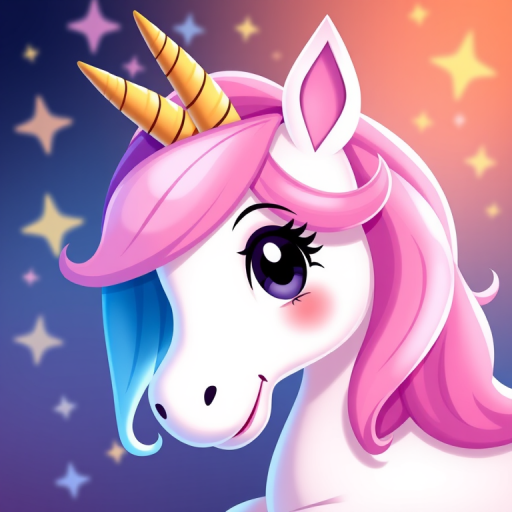 A colorful cartoon unicorn with a pink and blue mane, a golden horn, and stars in the background, captured with a Canon EOS R5, 50mm lens, f/1.8 aperture, 1/200s shutter speed, vibrant colors and high contrast.