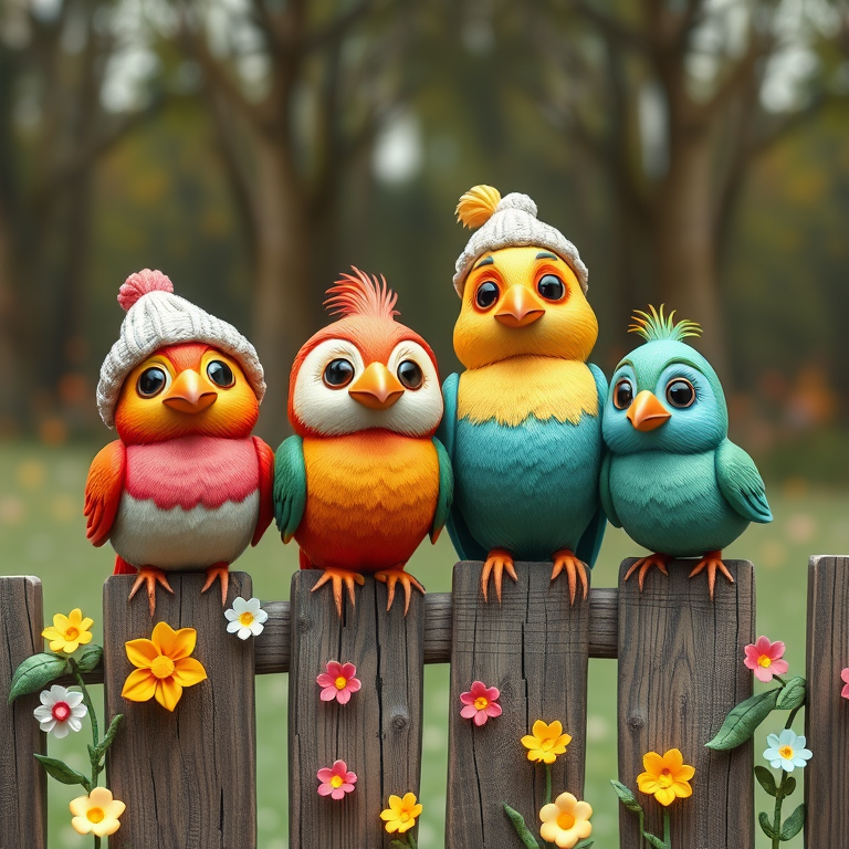 create a scene of 4 quirky  whimsical colourful comical birds each with a funny expression. they are sat on a wooden fence with colourful flowers. they are all different sizes. each one is a different colour  one is wearing a woolly hat. Each one has a different quirky google expression and there is a muted background of trees watercolour paintierly style high definition 8k resolution 3D paper mache