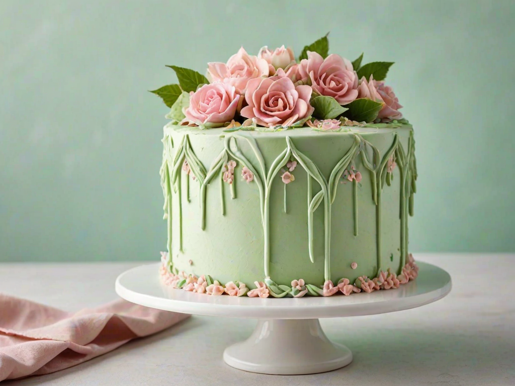 Create an image of a beautifully decorated cake being piped with pastel green and pink frosting. The cake has two layers and features a decorative border of leaves and flowers on top. The setting is soft and inviting, with a light background and a hint of floral elements nearby.