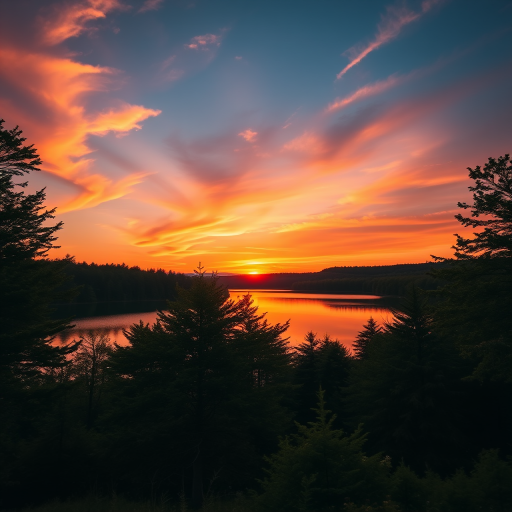 Create a vibrant landscape showcasing a serene sunset over a calm lake surrounded by lush trees, captured with a DSLR camera at f/8 aperture, ISO 100, 24mm focal length, using a wide-angle lens to enhance depth and clarity.