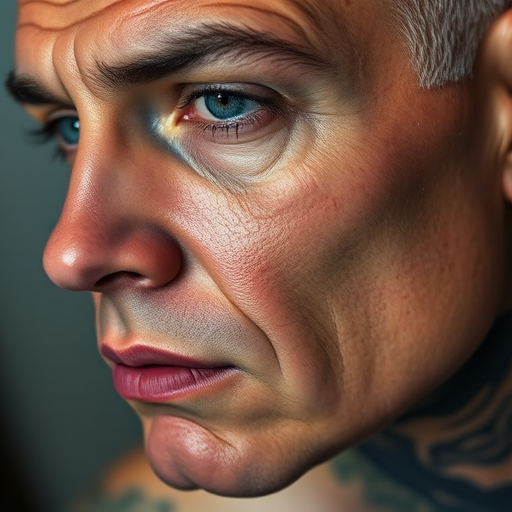 Hyper-realistic color portrait tattoo titled "Living Canvas" capturing every detail of a person's face with lifelike skin tones, textures, and subtle shading to create a photographic effect