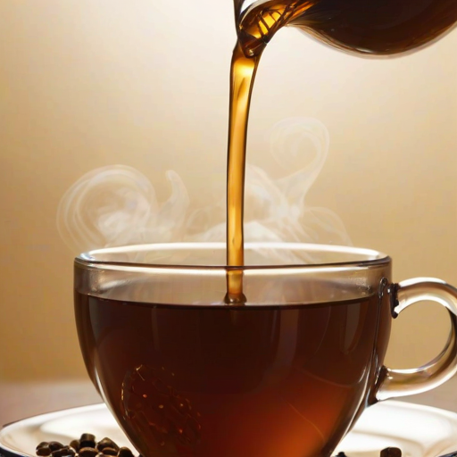 Sharp, high-resolution close-up of a drop of honey dripping from a spoon into a cup of hot tea, soft steam rising from the cup, with tiny golden bubbles reflecting the warm light.
