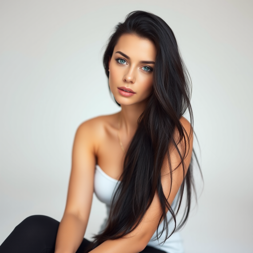 Regenerate a high-quality image of a seated female figure with long black hair and blue eyes, captured in a bright studio setting, using a DSLR camera with a 50mm lens at f/1.8, ISO 100, and 1/200s shutter speed, employing a shallow depth of field to create a soft background blur.