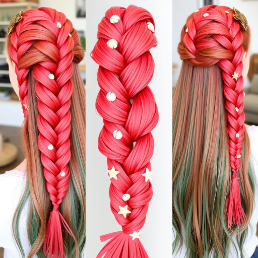 Vibrant coral mermaid braid, intricately woven by "Tropical Tresses" hair artists, featuring a thick, rope-like plait that incorporates smaller braids and twists, adorned with tiny seashells and starfish-shaped hair accessories,