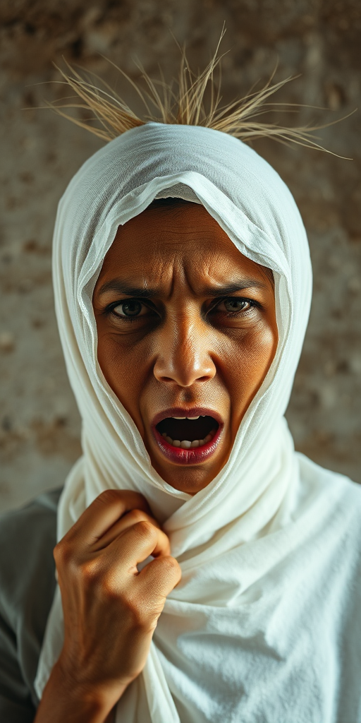 Create a close-up photographic image of a Nepali woman with light skin tones shown against an old, worn wall. Their head is wrapped in a white cloth covering (i.e.... parts of the head except the nose and mouth, which are open as if they are screaming...), with a slight texture and visible folds in the fabric. Thin strands of blonde hair escape from the wrapping above, falling lightly at the top and sides. Their hands hold the fabric as if they are tugging nervously. The lighting is dramatic and even, casting strong shadows. The image has a minimalist and surreal style with an emphasis on simplicity with soft color tones. The composition is centered.
