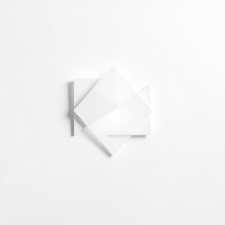 Generate a high-resolution image of a stylized geometric shape on a plain white background, using a Canon EOS R5 with a 50mm lens, aperture set to f/1.8, ISO 100, at an angle of 45 degrees for dramatic lighting and depth.