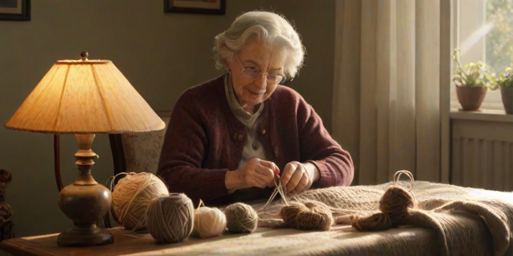 Warmly lit image of an elderly woman knitting in a sunlit room, soft glow from a nearby lamp illuminating the yarn and needles, with a feeling of quiet contentment.