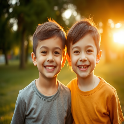 portrait of two smiling children in a park during golden hour, shallow depth of field, aperture f/2.8, ISO 100, focal length 50mm, soft natural lighting, DSLR camera